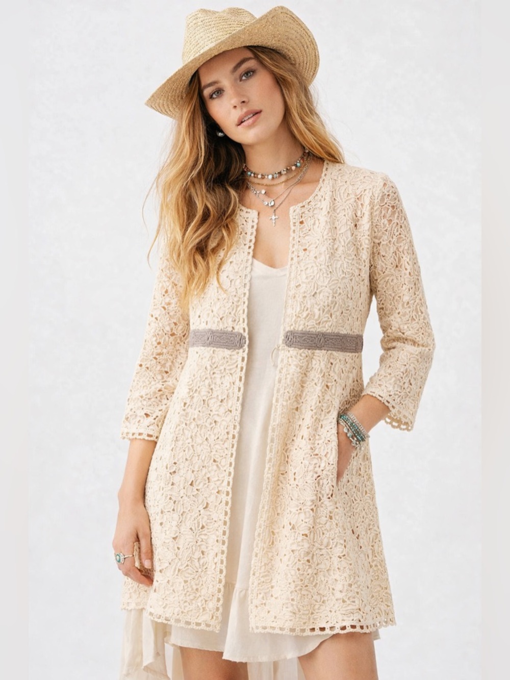NIC+ZOE Lace Lightweight Jacket Over Coat Medium Cream